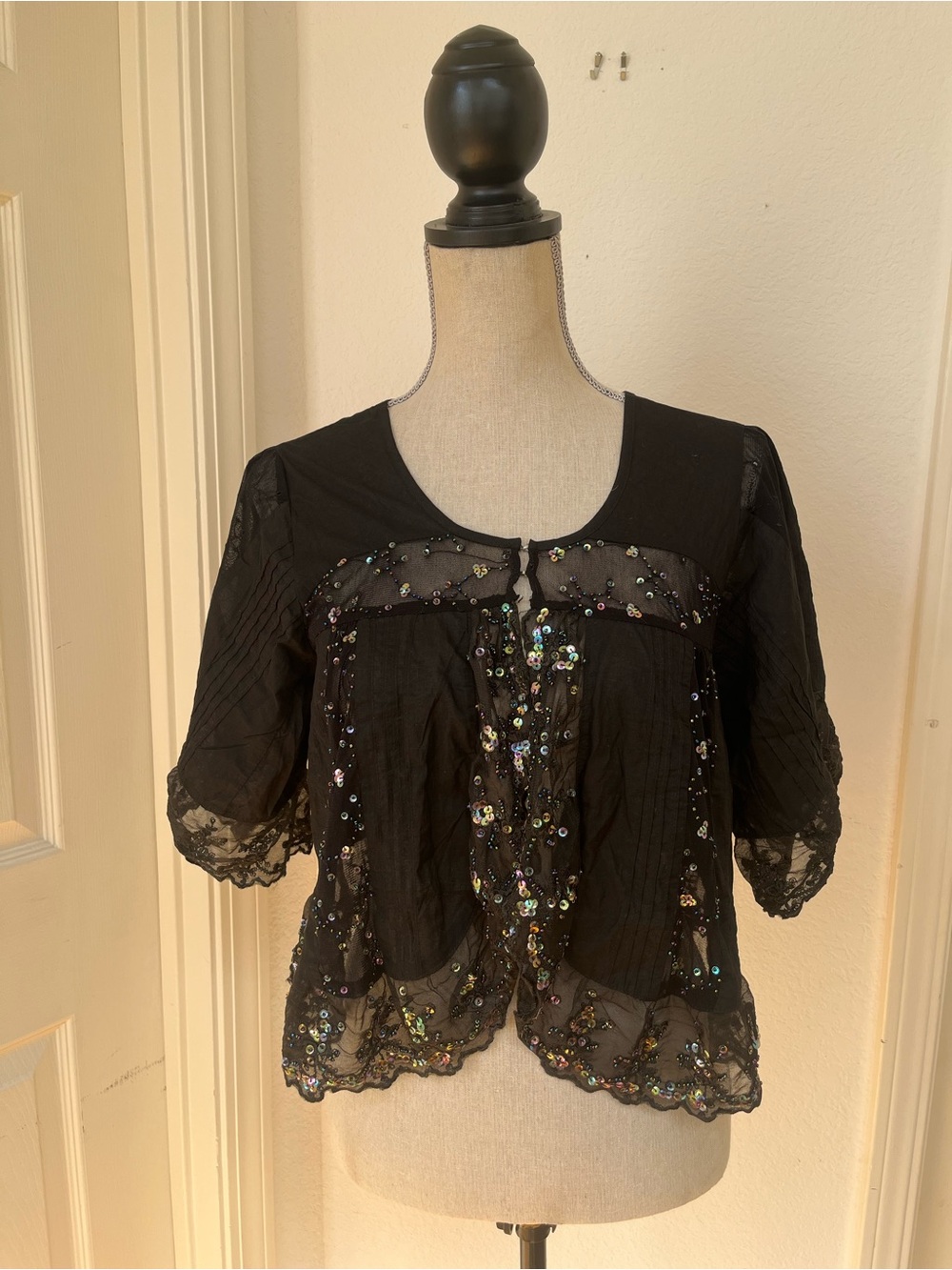Black Sequin Lace Overlay Women's Top